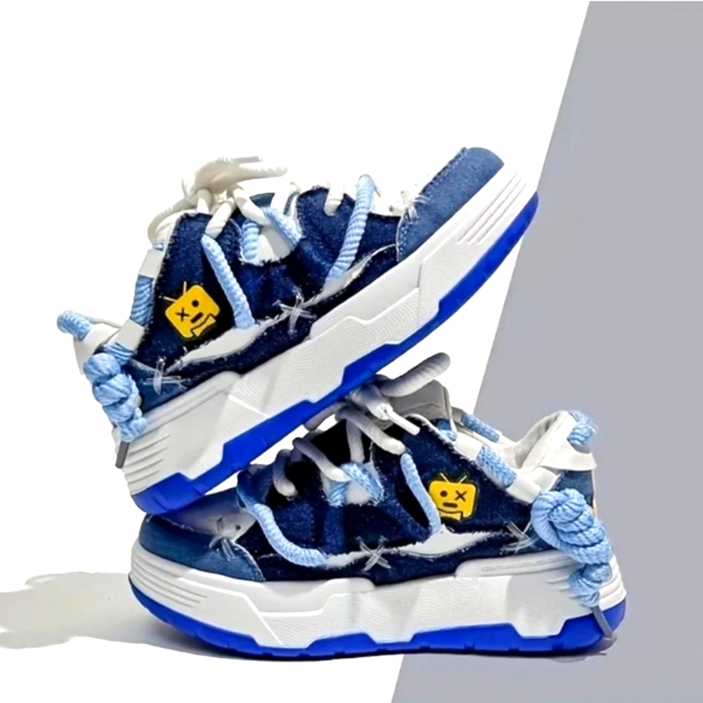 Blue and White Platform Sneakers with Chunky Sole